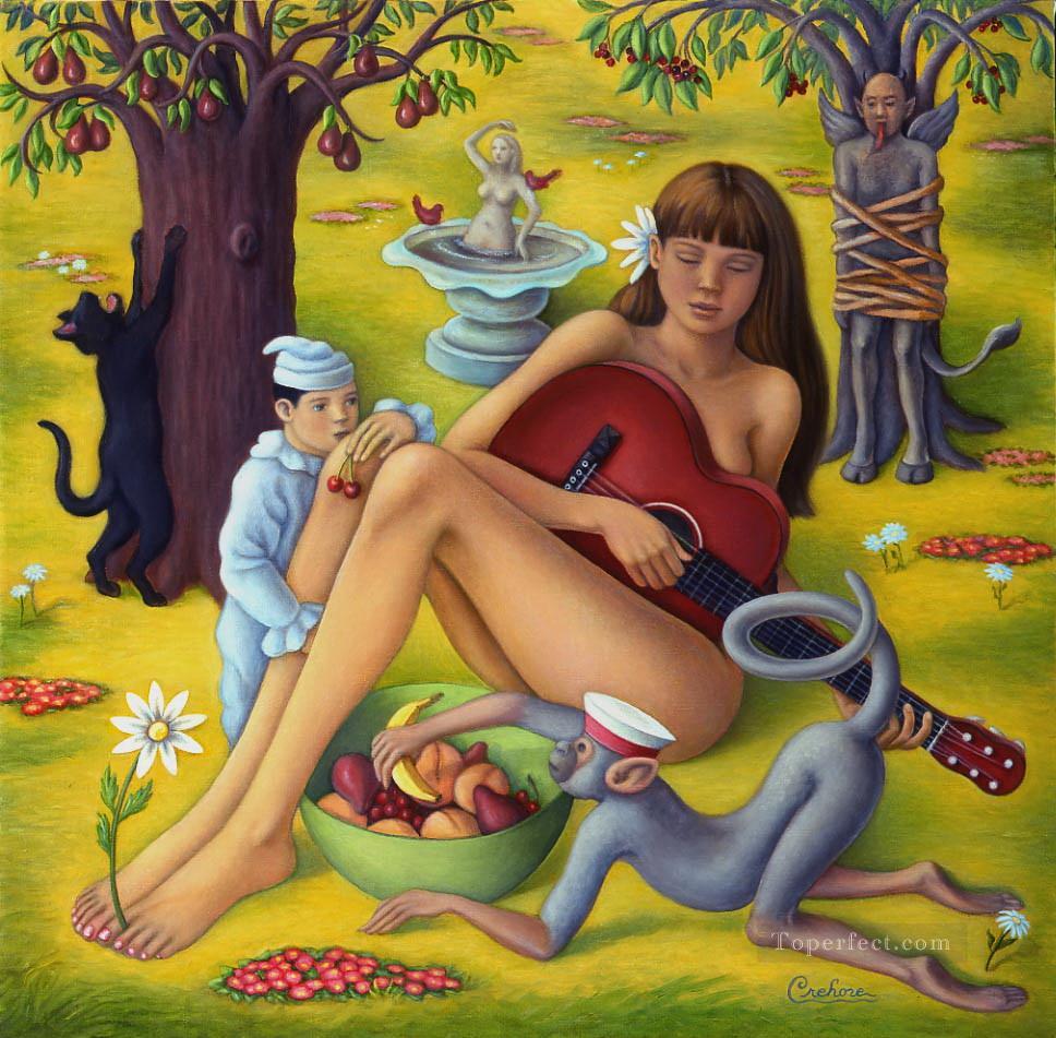 fille jouant de la guitare avec singe Peintures à l'huile